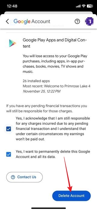 Tapping on "Delete Account" button in Gmail iOS app. 