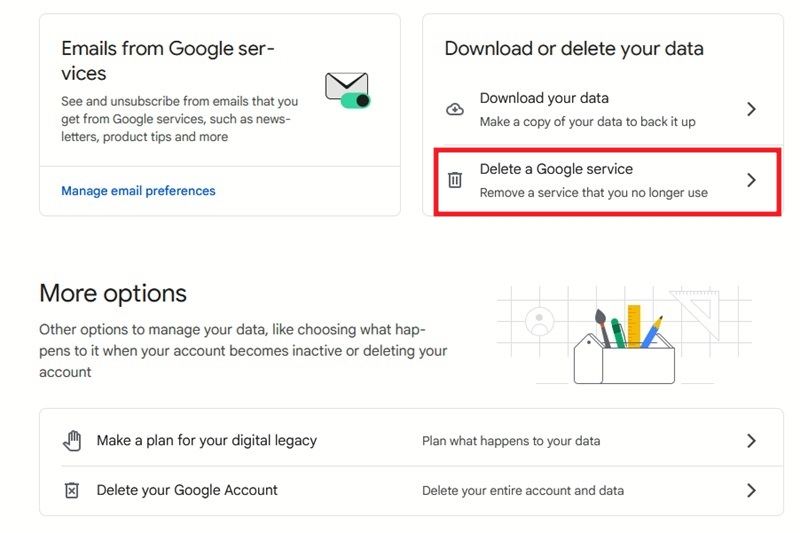 Clicking on "Delete a Google service" option under Google Account settings on the web.