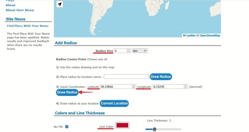 Inputting radius details in FreeMapTools.