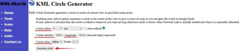 Adding location coordinates in KLM4Earth's Circle Generator tool.