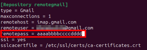 A terminal highlighting the remotepass variable for Offlineimap.