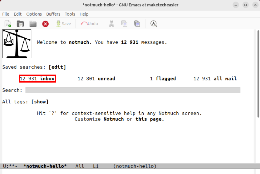 A screenshot showing the notmuch email frontend in Emacs.