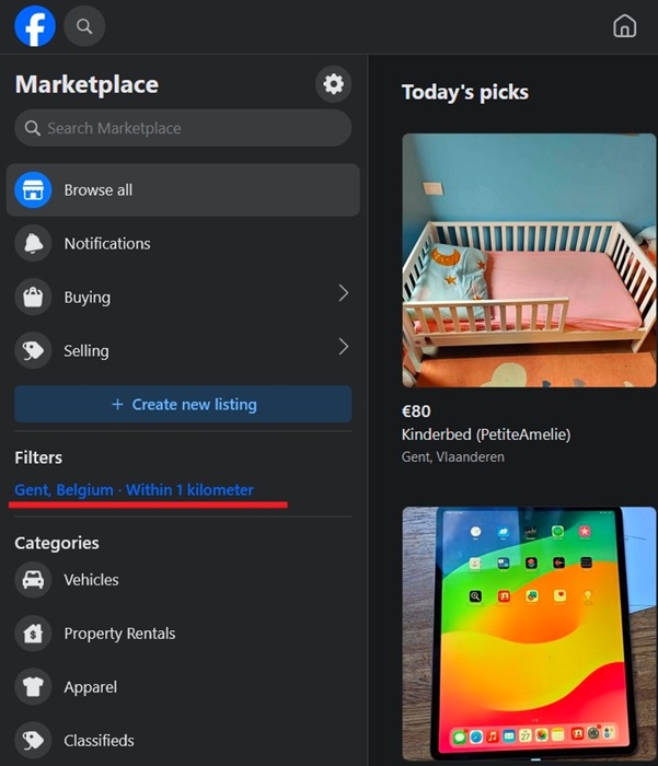 Changing location from Filters in the web version of Facebook. 