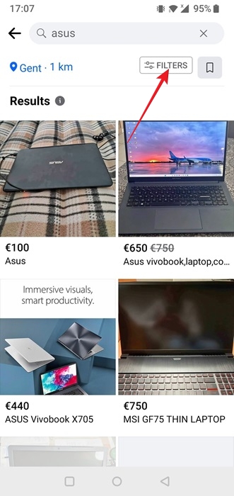 Tapping on Filters after performing a search in Facebook Marketplace on Android.
