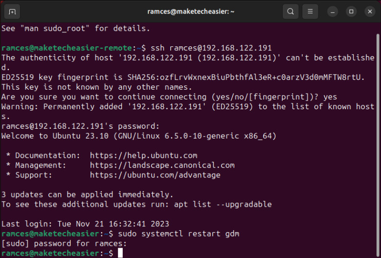A terminal showing the process of restarting GDM over SSH.