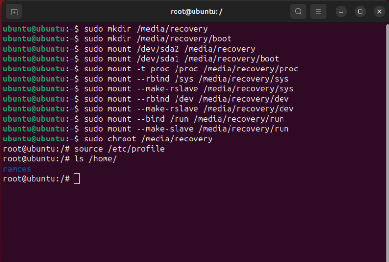 A terminal showing the mounting and chroot process to fix Ubuntu crashes.