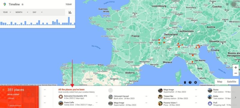 Viewing "All the places you've been" in Google Maps on PC.