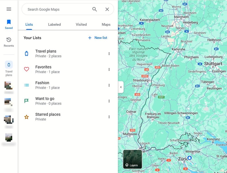 Checking Lists and Visited places in Google Maps on desktop. 