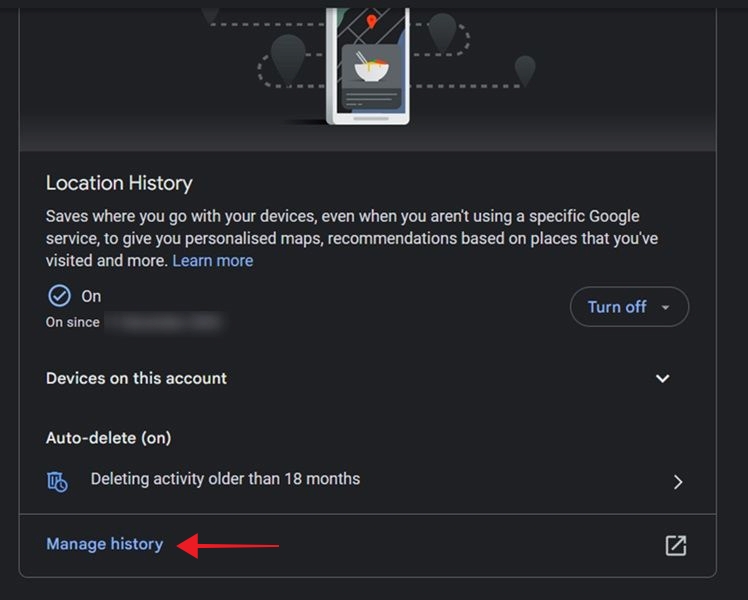 Clicking "Manage history" in My Google Activity page. 