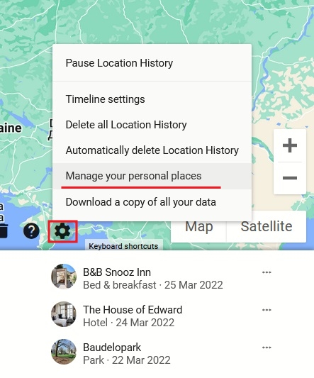 Clicking on gear icon and selecting "Manage your personal places" option in Google Timeline view.
