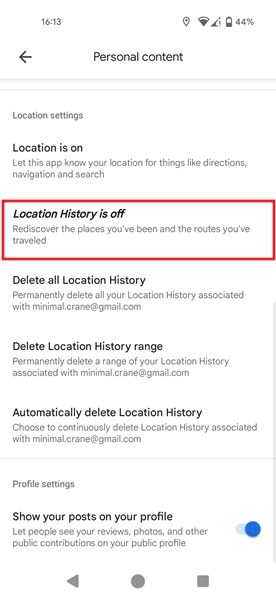 Tapping on the "Location History is off" option in Google Maps app. 