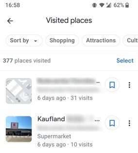 Most recent places visited view in Google Maps app. 