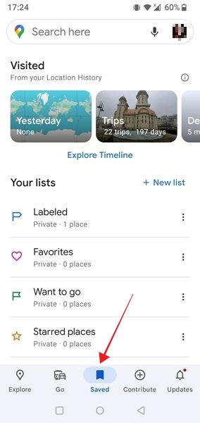 Tapping on "Saved" button in Google Maps app. 