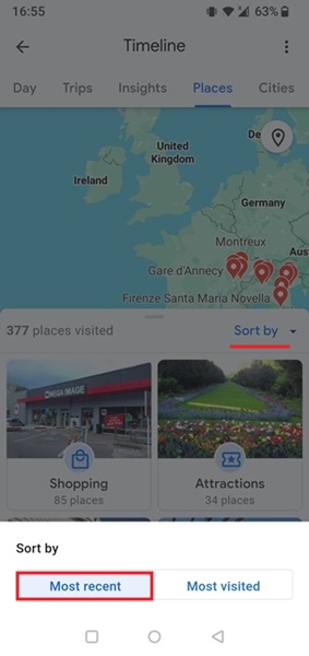 Instructing Google Timeline to show the most recent places visited.