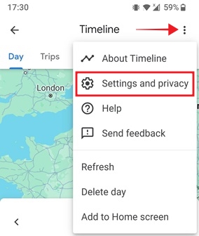 Tapping on "Settings and privacy" option for Timeline in Google Maps.