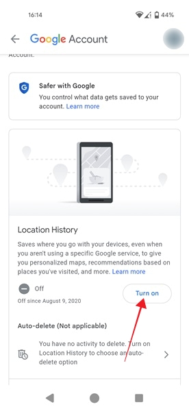 Tapping on "Turn on" button under Location History in Google Maps app. 