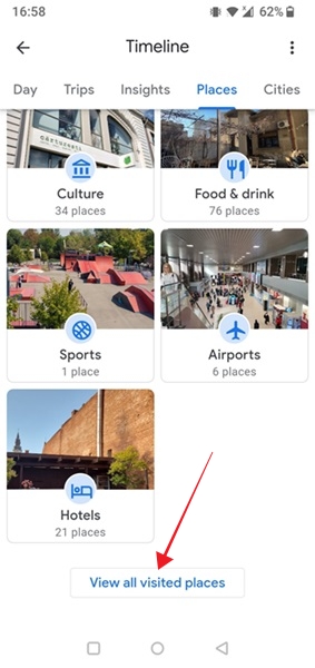 Tapping on "View all visited places" button at the bottom of Places in Timeline. 