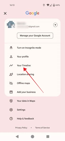 Tapping on "Your Timeline" option in Google Maps app. 