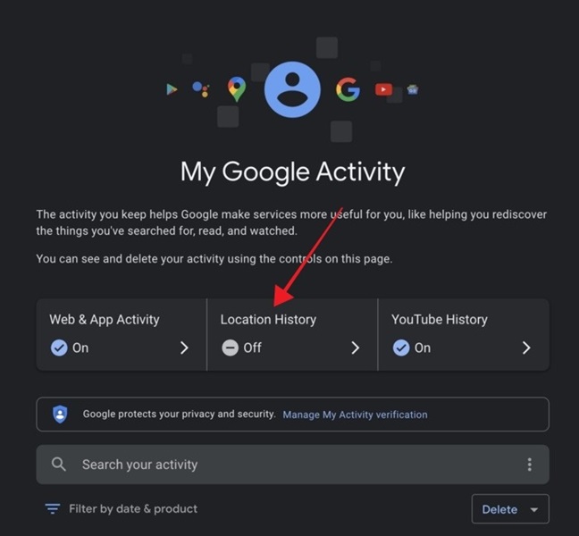 Clicking on "Location History" on My Google Activity page.
