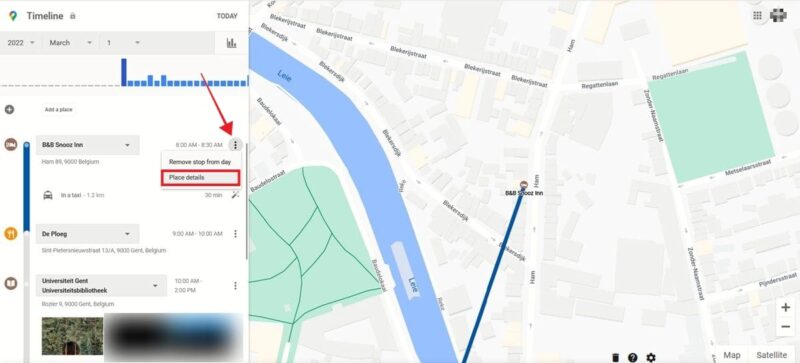 Clicking "Place details" in Google Timeline. 