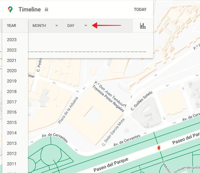 Searching for a date in Timeline function in Google Maps.