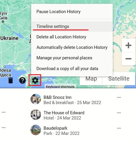Clicking on "Timeline settings" option in Google Timeline view.