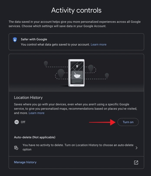 Clicking the "Turn on" button in Google My Activity page. 