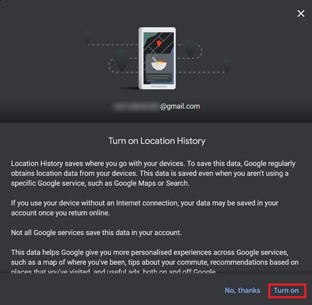 Agreeing to turn on Location History via pop-up. 