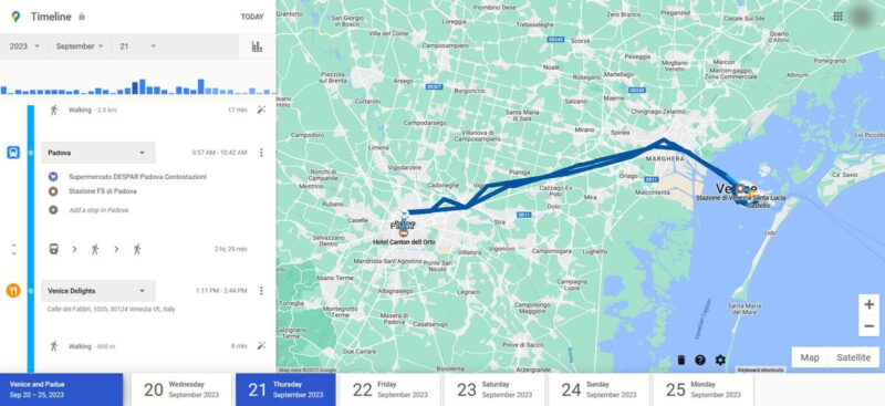 Earlier trip overview in Google Maps for PC.