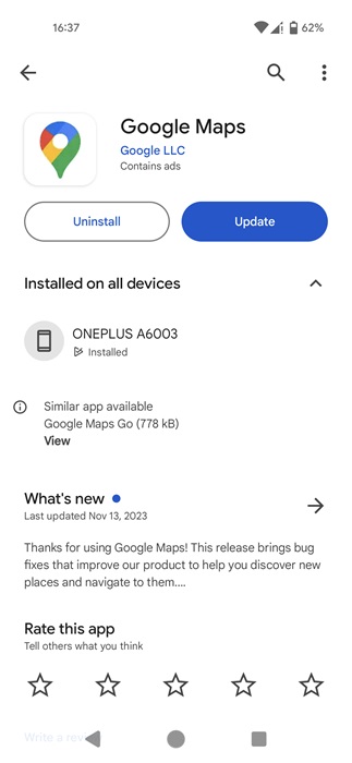 Update button visible on Google Maps page in Google Play Store app. 