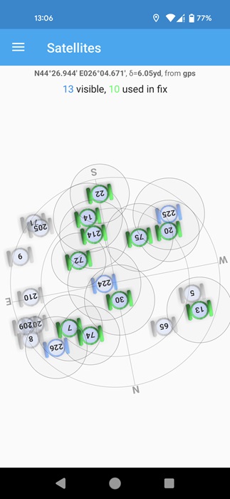 Satellites range visible in GPS Essentials app for Android.