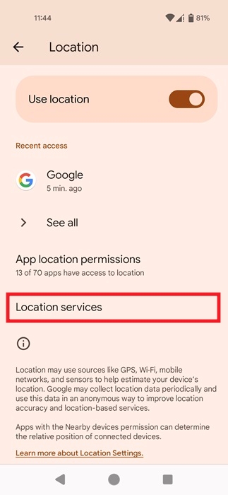 Clicking on "Location services" under Location in Android Settings.