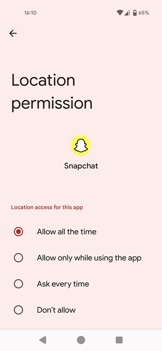 Selecting "Allow only while using the app" option for Location permission in Android Settings.