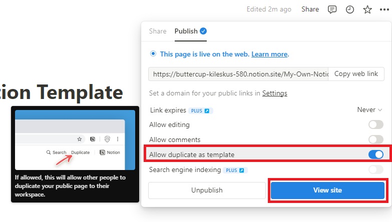 Turning on allow duplicate as template option in Notion.