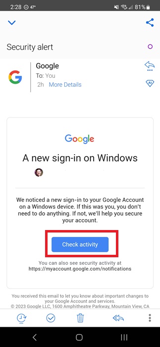 A Google alert that your account may have been hacked.