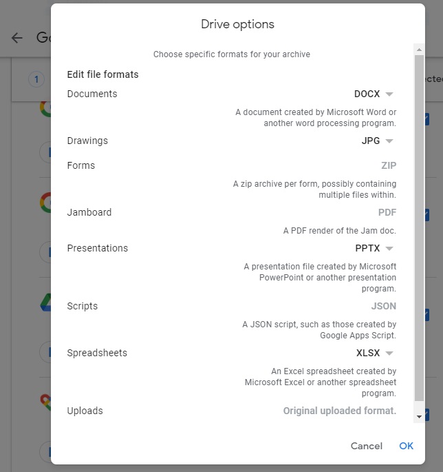 Selecting file formats for Google Drive files.