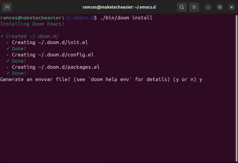 A terminal showing the external environment variable file during Doom install.