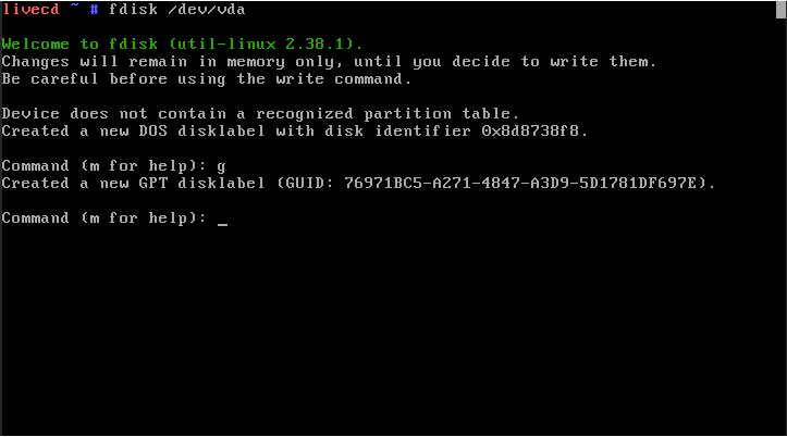 A terminal showing the process of wiping a disk partition table.