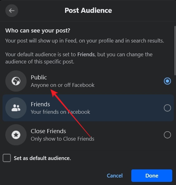 Changing post visibility to Public in web version of Facebook.