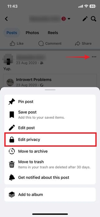 Tapping on "Edit privacy" option for post in Facebook iOS app.