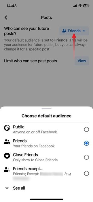 Changing "Who can see your future posts" from Settings in the Facebook iOS app.