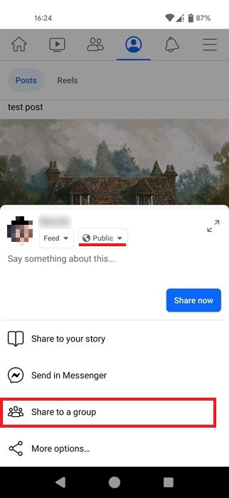 Tapping on "Share to a group" option in Facebook iOS app.