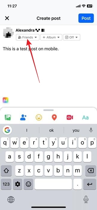 Tapping on privacy drop-down menu in "Create post" window in Facebook iOS app.