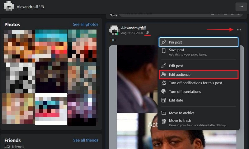 Selecting "Edit audience" option for post in web version of Facebook.