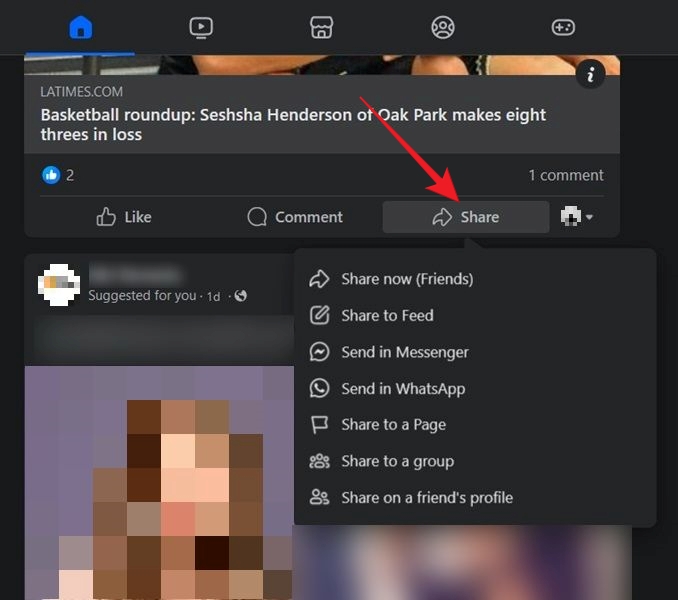 Sharing options for post on Facebook web.