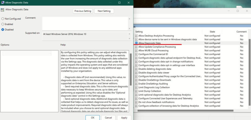 Disabling Allow Diagnostic Data policy via Group Policy Editor.