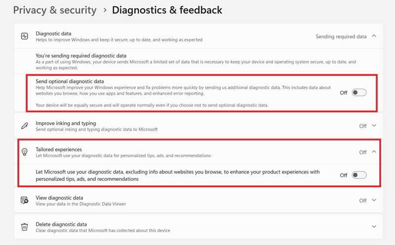 Disabling "Send optional diagnostic data" and "Tailored experiences" in Diagnostics & feedback section in Windows Settings.
