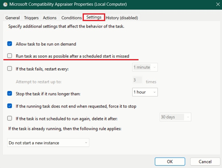 Disabling "Run task as soon as possible after a scheduled start is missed" option via Task Scheduler.