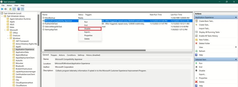 Disabling Microsoft Compatibility Telemetry from Task Scheduler.