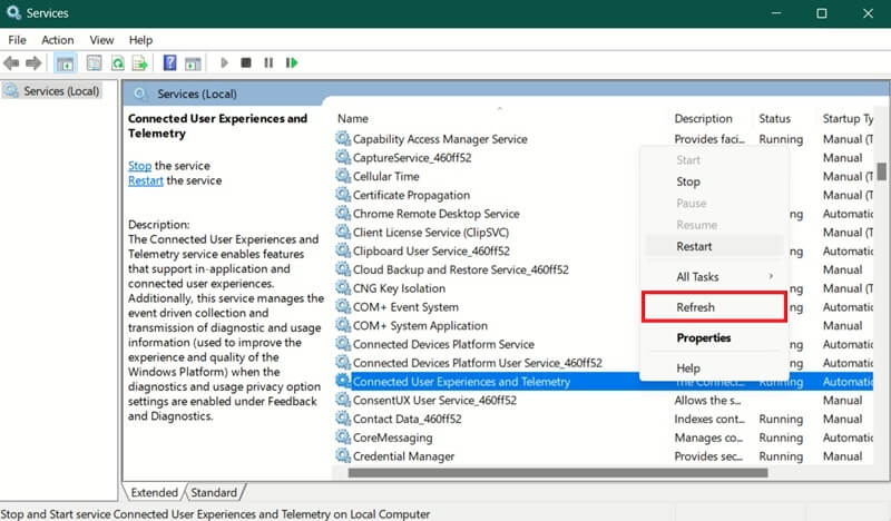 Refreshing Connected User Experience and Telemetry service via Services app. 